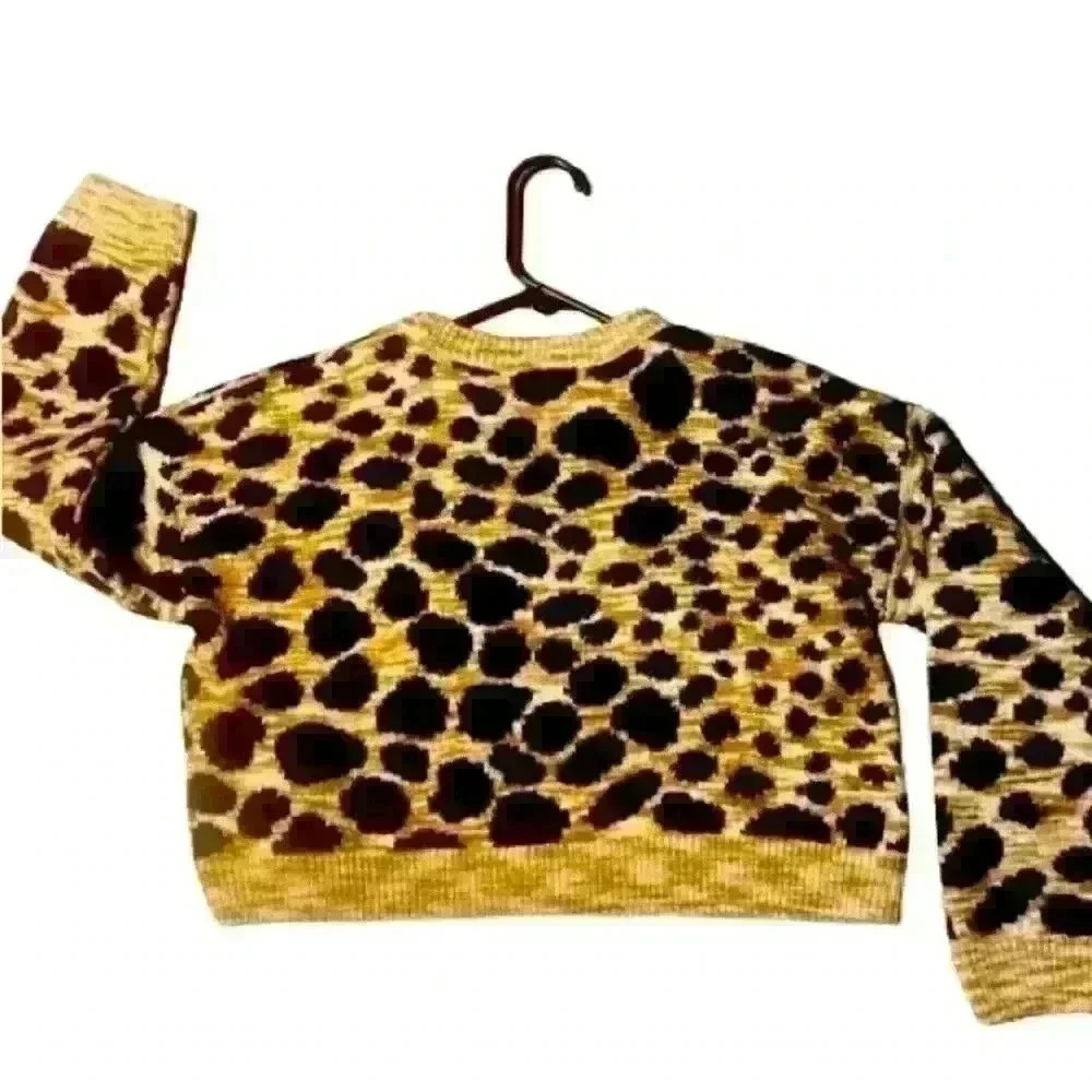TOPSHOP TRENDY ANIMAL LEOPARD PRINT CROPED LONG SLEEVE ROUND NECK SWEATER SIZE 2
